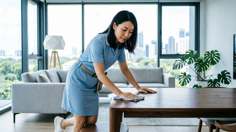 Cleaner working in a bright Singapore condo living room